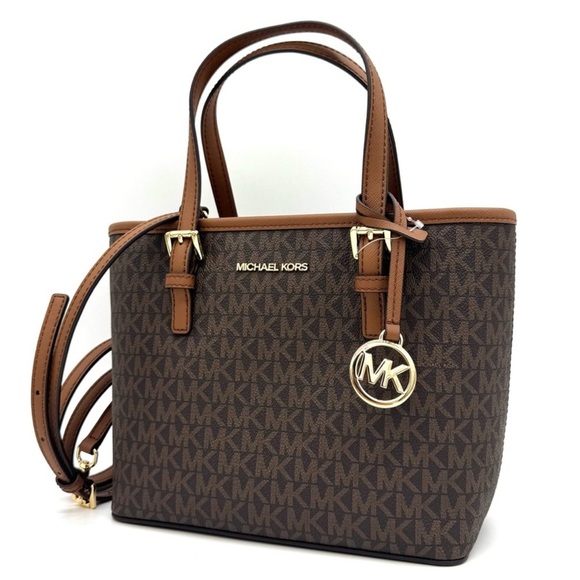 Michael Kors Jet Set Travel Extra-Small Logo Top-Zip lote Bag Brown Signature - Picture 1 of 10